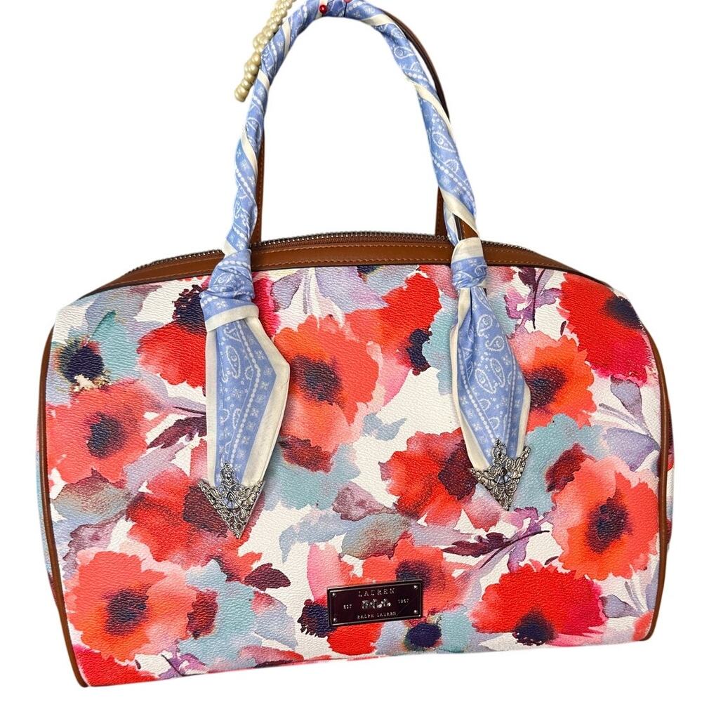 Lauren Ralph Lauren Floral Satchel Coated Canvas Poppy Print Tan Leather Trim